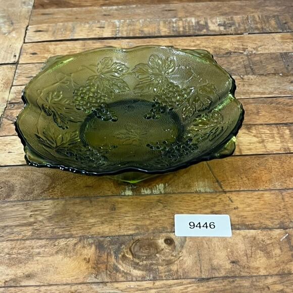Vintage Square Green Glass Serving Dish Bowl Grapes & Leaves - Picture 8 of 8
